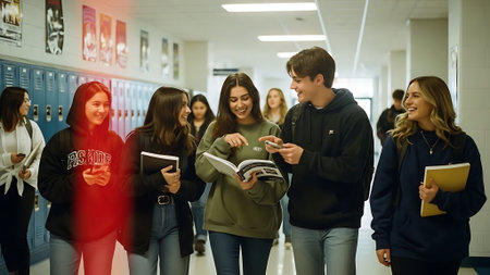 Group of students in the hallway of a school. Selective focus.の素材
