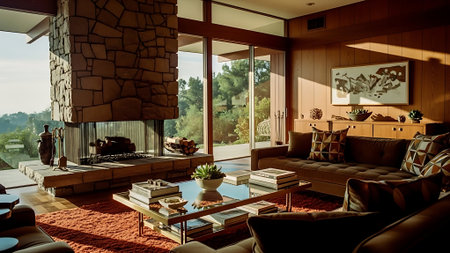Interior of a modern living room with a view of the terraceの素材