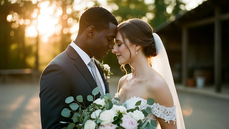 Beautiful wedding couple, bride and groom posing in the park.の素材