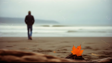 Autumn maple leaf on the beach with a man in the backgroundの素材