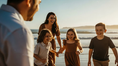 Happy family walking on the beach holding hands, looking at each other and smilingの素材