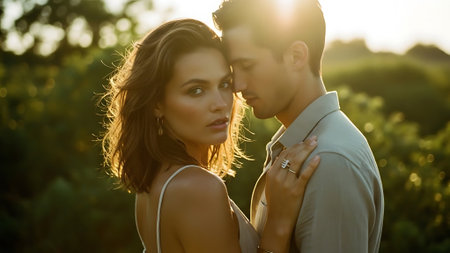 Beautiful young couple in love walking in the park at sunset.の素材