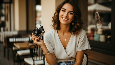 Beautiful young woman holding vintage camera and smiling while sitting in cafeの素材