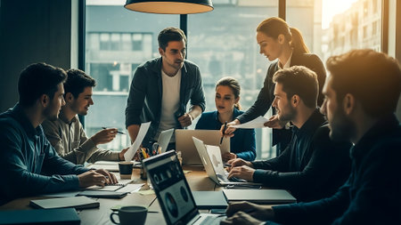 Group of young business people working and communicating together in modern office.の素材