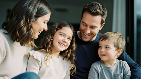 happy family looking at each other in living room at home on sunny dayの素材