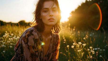 Beautiful young brunette woman in the field at sunset. Beauty, fashion.の素材