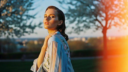 Beautiful young woman in the park at sunset. Beauty, fashion.の素材