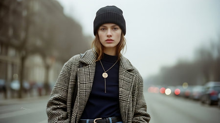 Beautiful young woman in a coat and a hat on the streetの素材