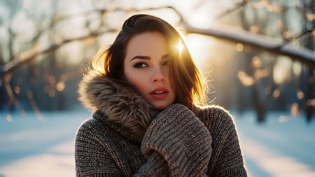 Portrait of a beautiful young woman in the winter park at sunset.の素材