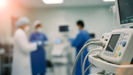 Medical equipment. Group of surgeons in operating room with surgery equipment.の素材