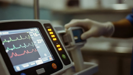 Close up of an electrocardiogram monitor in a hospital wardの素材