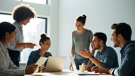 Group of multiethnic business people working together in modern office.の素材