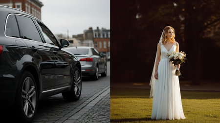 Wedding day. Bride in a white wedding dress with a bouquet of flowers stands near the carの素材