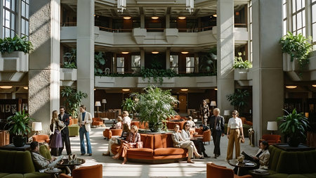 Interior of a modern hotel lobby with people having a rest.の素材