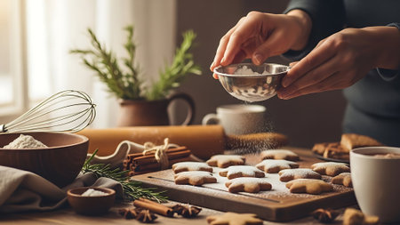 Woman sprinkling sugar on gingerbread cookies in kitchen, closeupの素材