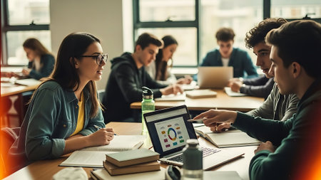 Group of young students studying in classroom. Education and technology concept.の素材