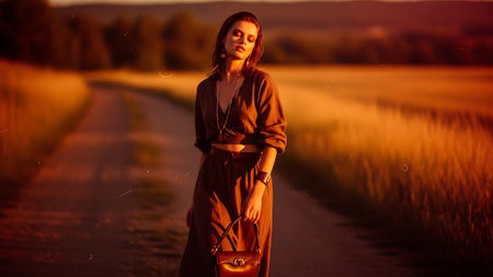 Beautiful young woman in a long dress on a wheat field at sunsetの素材