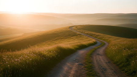 Dirt road in the Tuscany hills at sunrise, Italyの素材