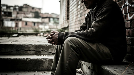 Depressed man sitting on stairs in the street. Black and white.の素材