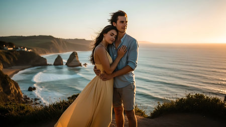 Beautiful couple in love, young man and woman embracing and looking at each other while standing on the cliff above the sea at sunsetの素材