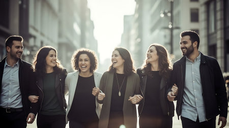 Group of young business people walking in the city, talking and laughingの素材