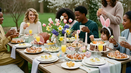 Group of multiethnic friends having a dinner party in the parkの素材