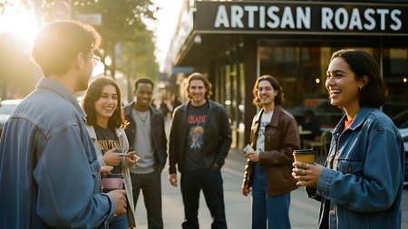 Group of diverse friends walking in the street, talking and drinking coffeeの素材