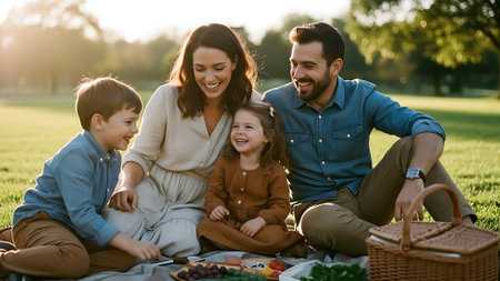happy family having picnic in park on sunny day, focus on womanの素材