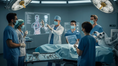 Surgeons working in operating room with x-ray images on the wallの素材