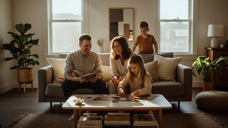 Happy family playing board game at home. Mother, father and children spending time together.の素材
