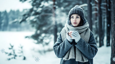 Beautiful young woman in winter forest. Winter fashion. Snowfall.の素材