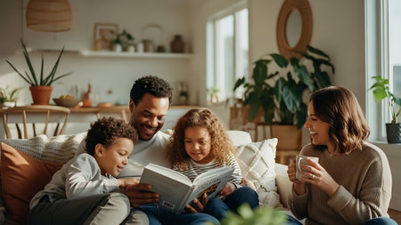 Cheerful multiethnic family sitting on sofa and reading book together at homeの素材