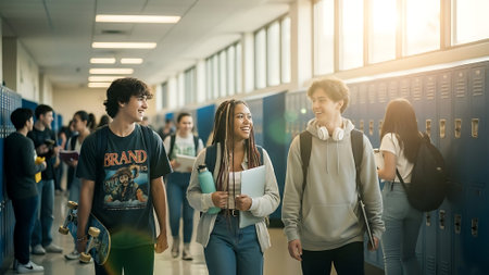 Group of college students standing in a row in a corridor at schoolの素材