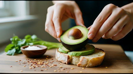 Avocado sandwich on a wooden board. Close up of woman's hands making sandwich with avocado.の素材