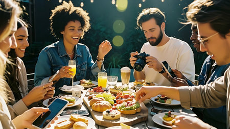 Group of young people having picnic outdoors, eating food and drinking juiceの素材