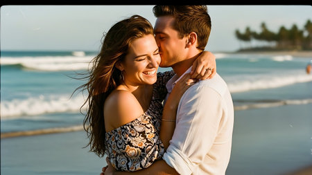 Beautiful young couple in love kissing and hugging on the beach.の素材