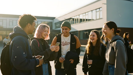 Group of young friends walking and talking together in an urban context.の素材