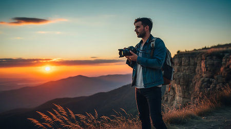 Handsome young man with camera in the mountains at sunset.の素材