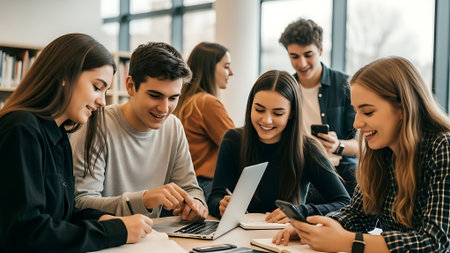 Group of young students are using gadgets and smiling while working in the libraryの素材