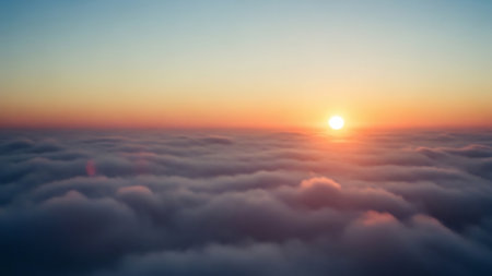 Beautiful sunrise above the clouds. Panoramic aerial view.の素材