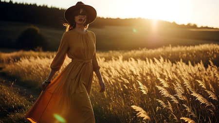 Beautiful girl in a long dress and hat in the field at sunsetの素材
