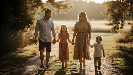 Happy family walking in the park at sunset. Mother, father and childrenの素材