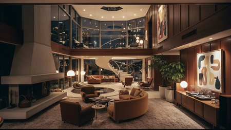 Interior of a modern hotel lobby at night. 3d renderingの素材