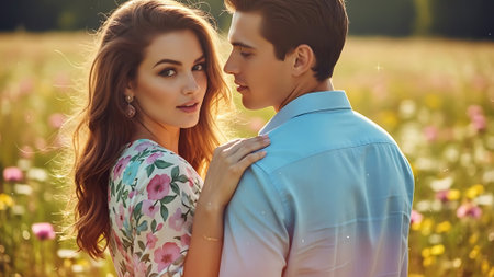 Beautiful young romantic couple in love embracing in the field with flowersの素材