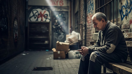 Homeless man sitting on a bench in the street, looking at his phoneの素材