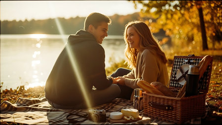 Romantic couple having picnic on the lake at autumn sunny day.の素材