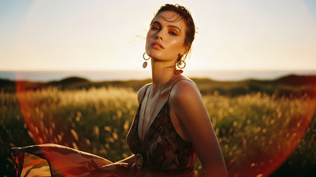 Young beautiful woman sitting on the edge of a field at sunset.の素材