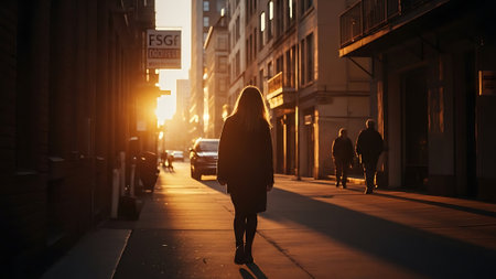 Silhouette of a young woman walking in the street at sunsetの素材