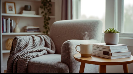 Cozy living room with armchair, books and a cup of coffeeの素材