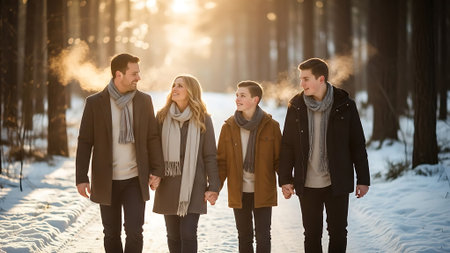 Group of friends walking in the winter forest. Happy people spending time together.の素材